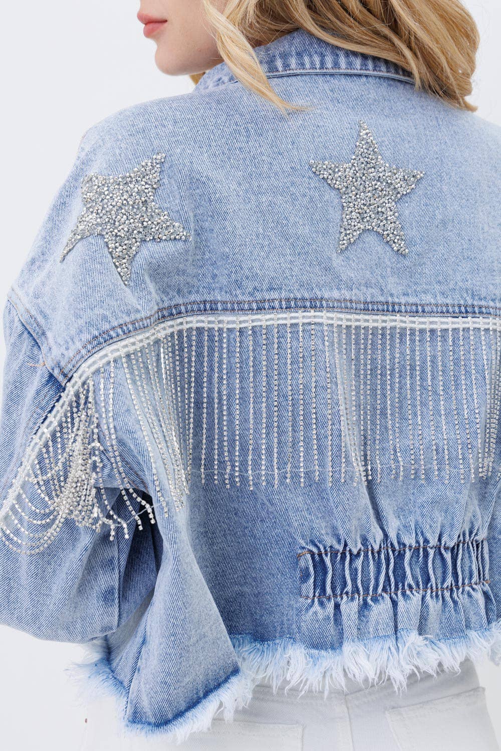 Star Rhinestone Fringe Back Elastic Denim Jacket
