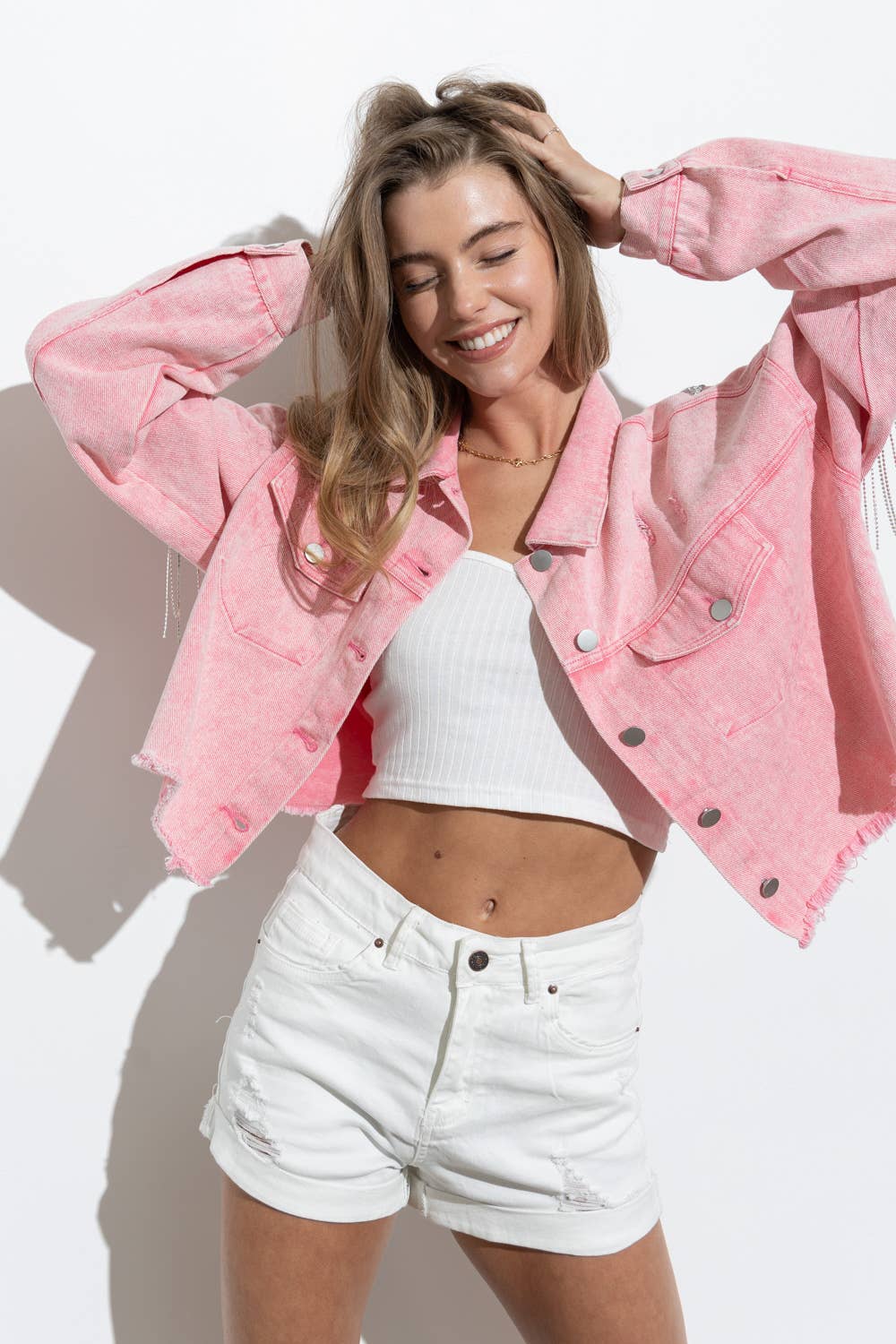 Star Rhinestone Fringe Back Elastic Denim Jacket