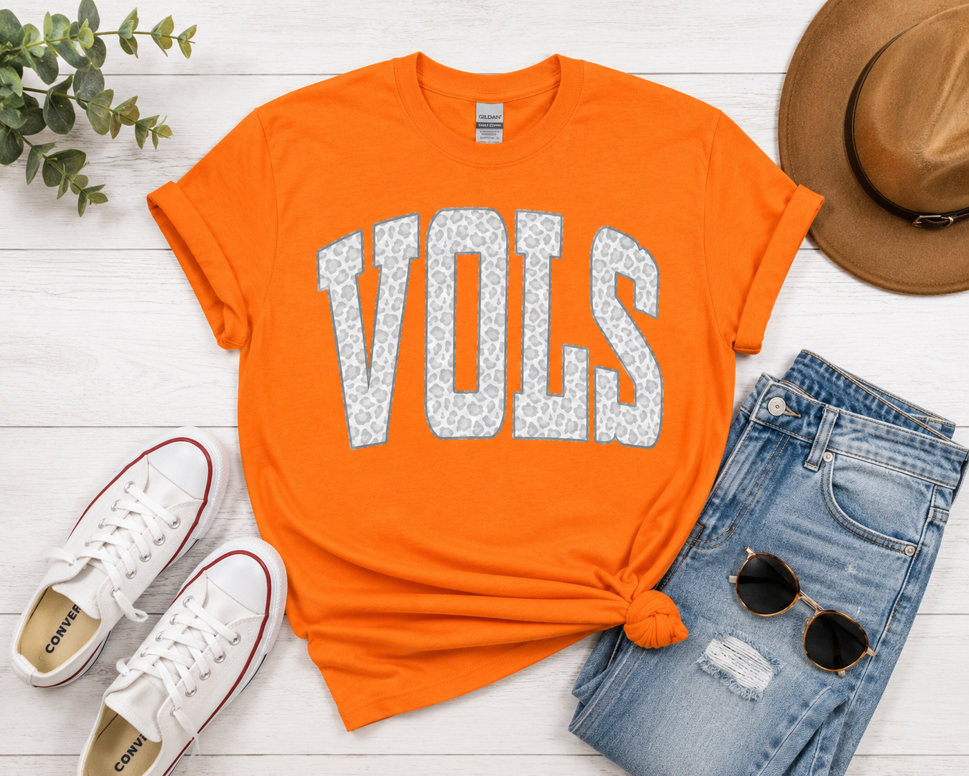 Pressed in Chaos - White Leopard VOLS Game Day Tee - Tennessee Football Shirt - Orange Gildan Unisex Fit Boutique Tee