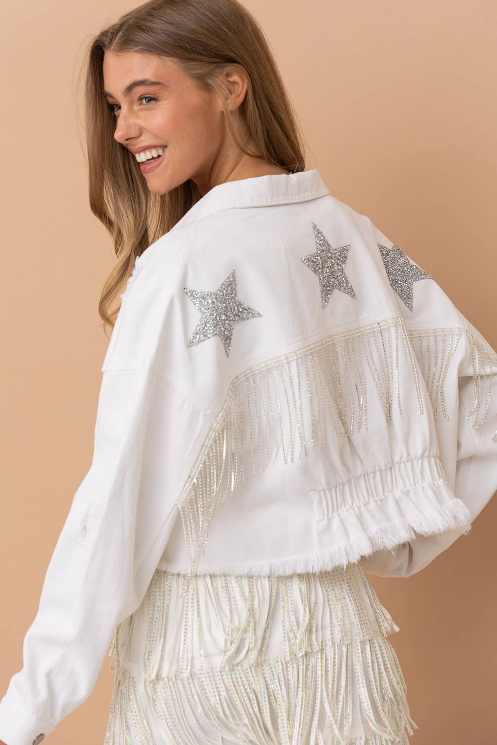 Star Rhinestone Fringe Back Elastic Denim Jacket