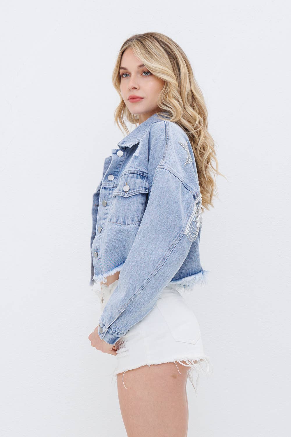 Star Rhinestone Fringe Back Elastic Denim Jacket