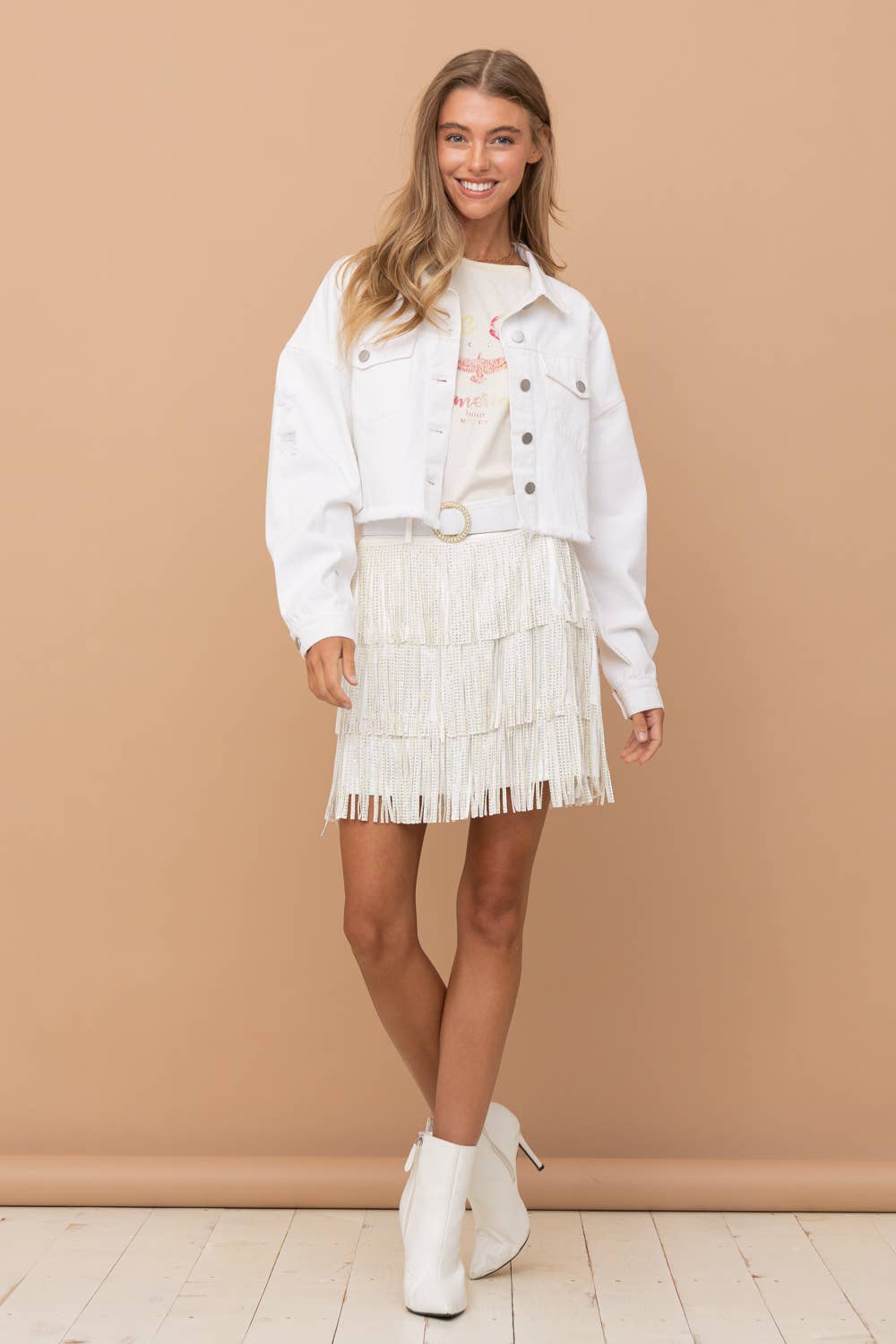 Star Rhinestone Fringe Back Elastic Denim Jacket