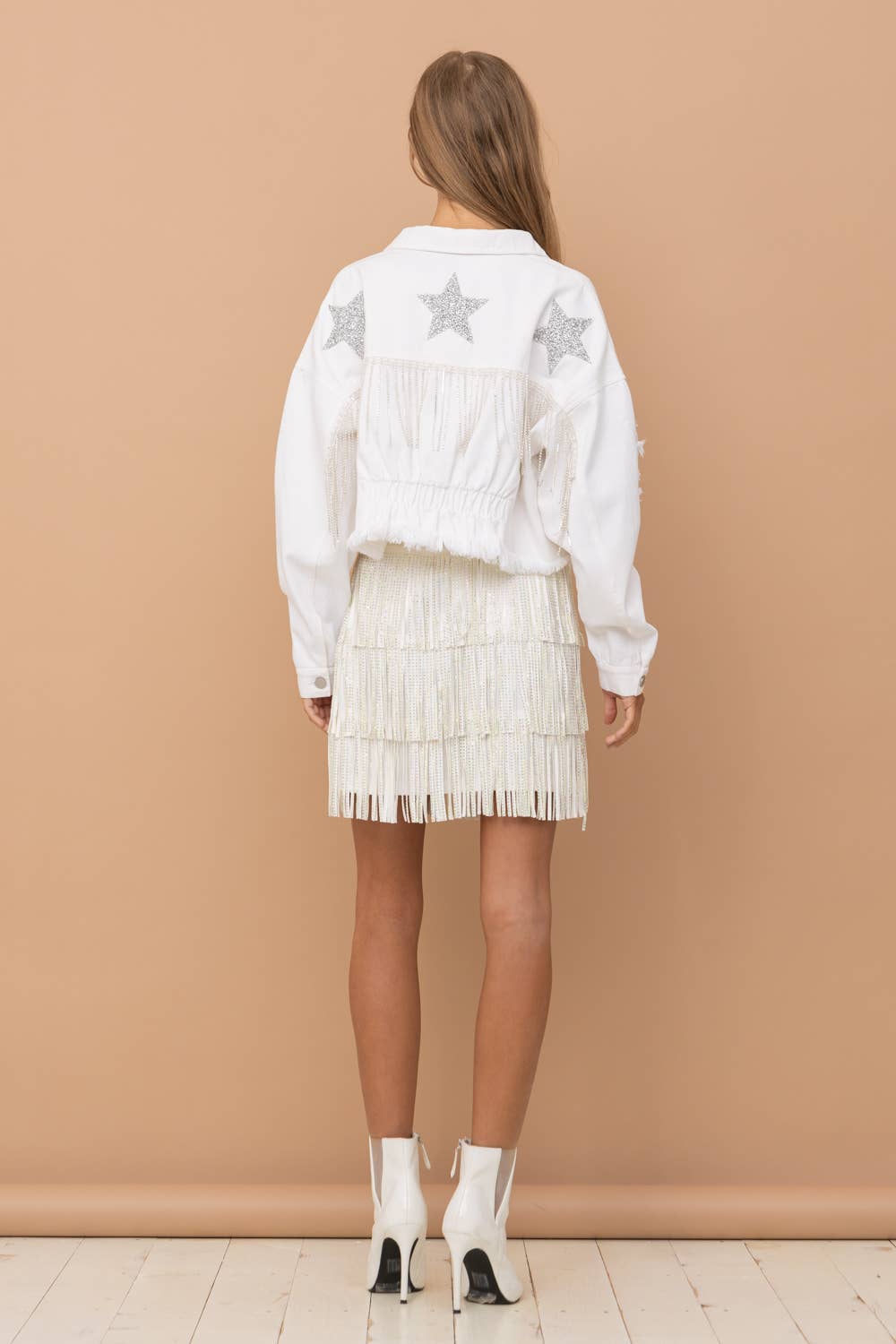 Star Rhinestone Fringe Back Elastic Denim Jacket