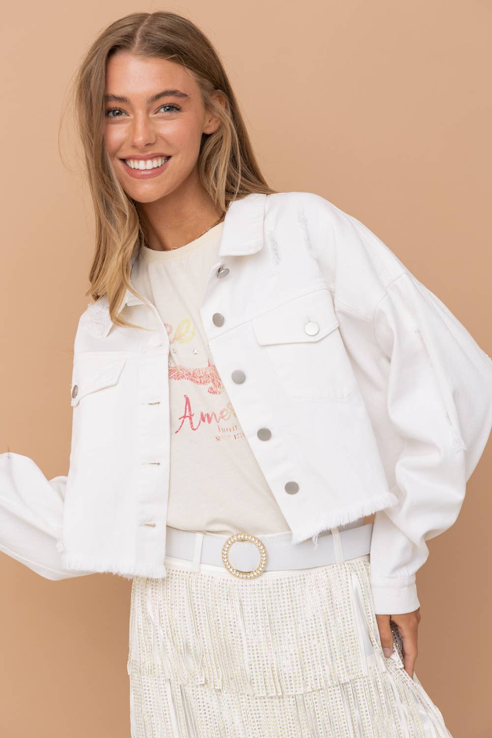 Star Rhinestone Fringe Back Elastic Denim Jacket