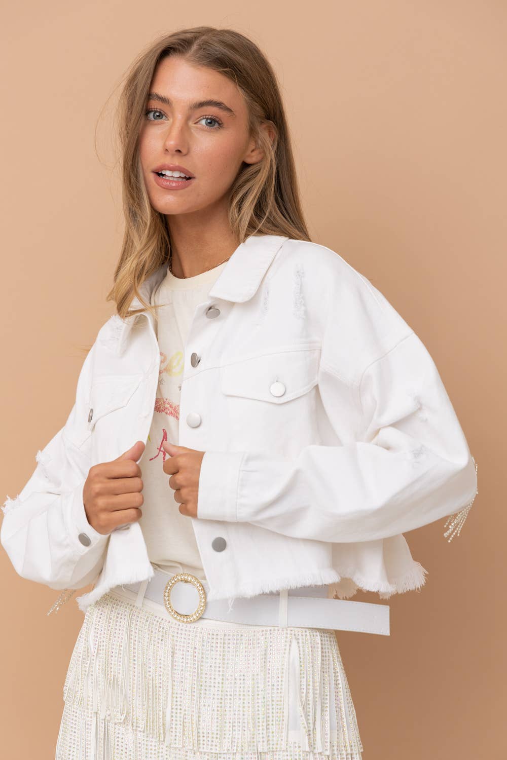 Star Rhinestone Fringe Back Elastic Denim Jacket