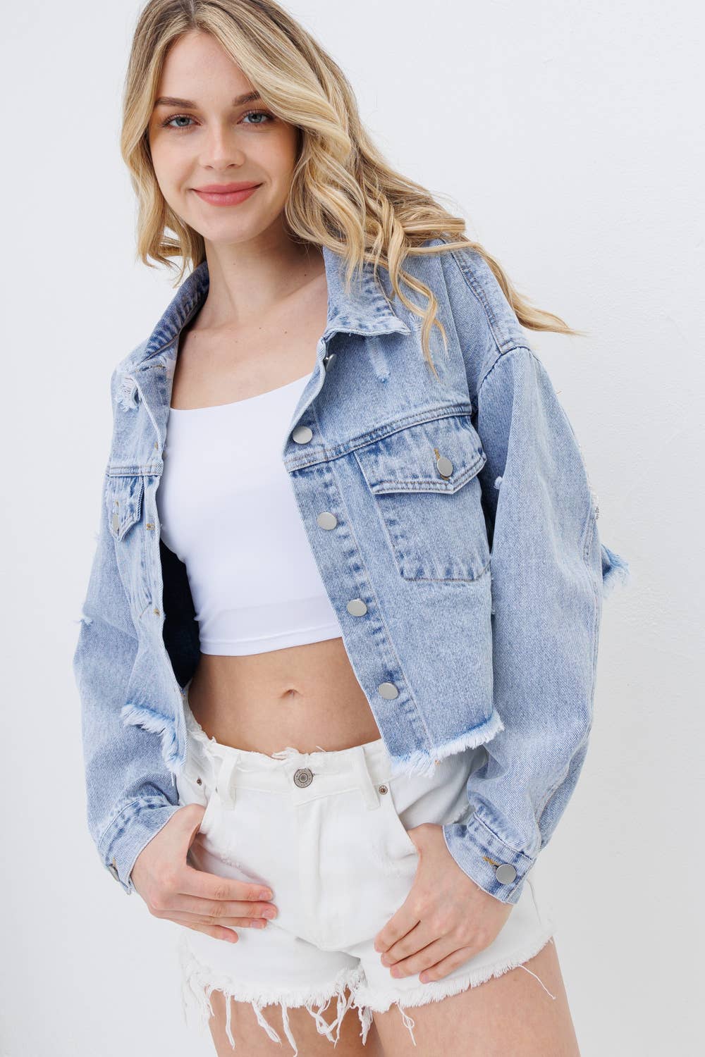 Star Rhinestone Fringe Back Elastic Denim Jacket