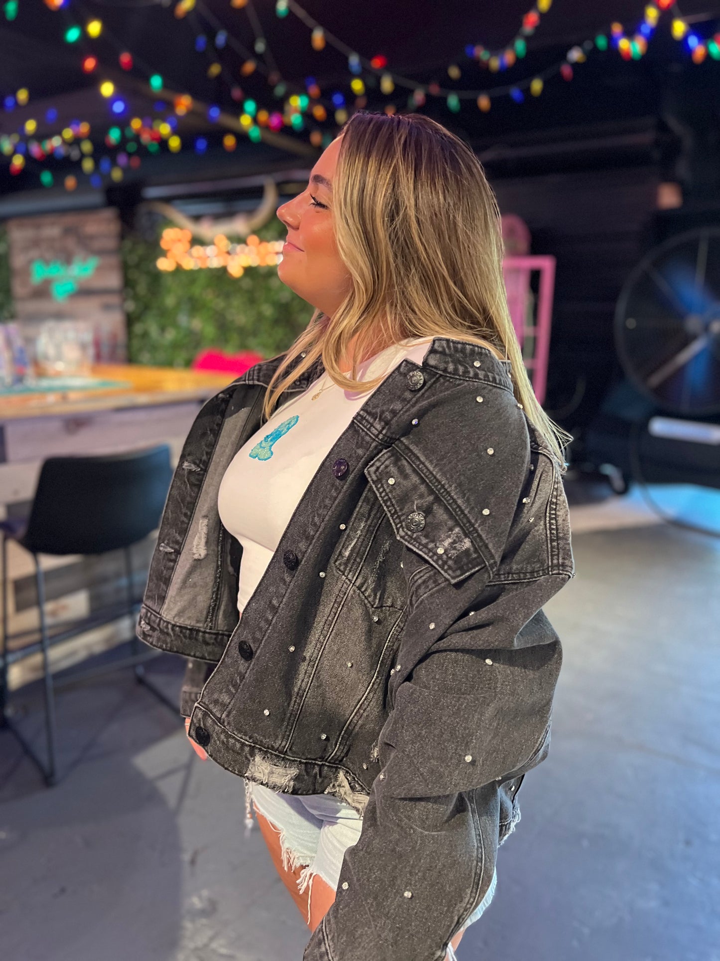 Denim Cuffed Knit Button Up Jacket with Spotted Rhinestone