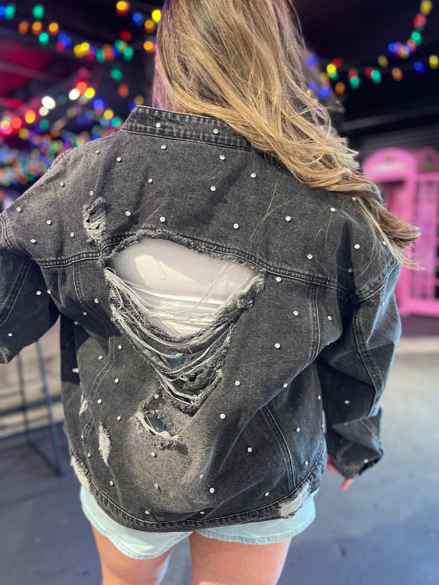 Denim Cuffed Knit Button Up Jacket with Spotted Rhinestone