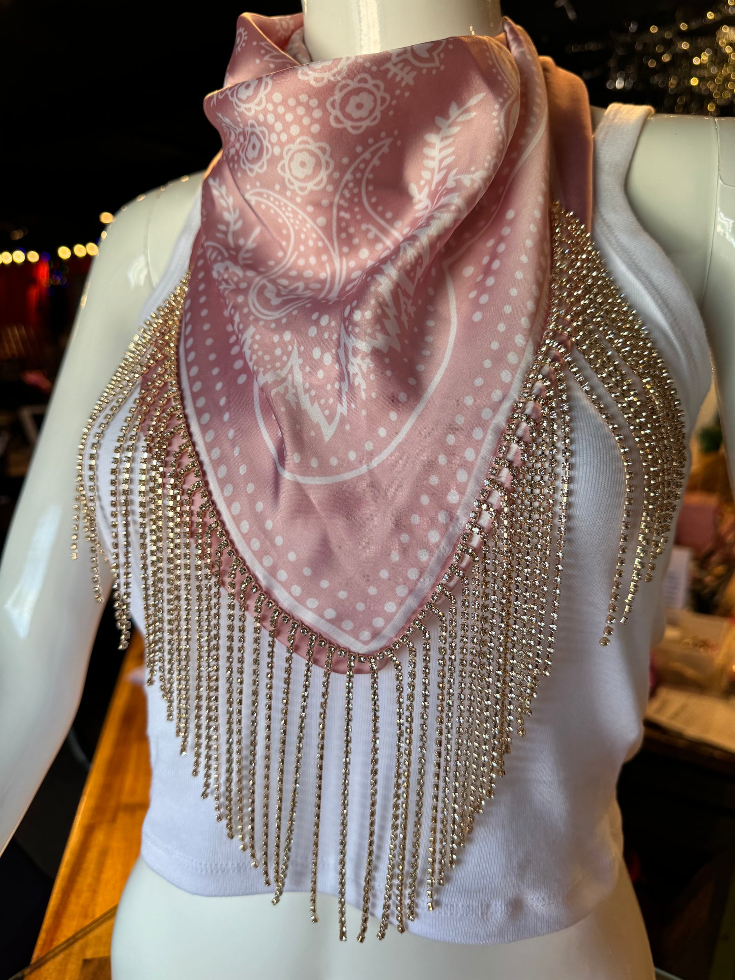 Silk Bandana with Rhinestone Fringe