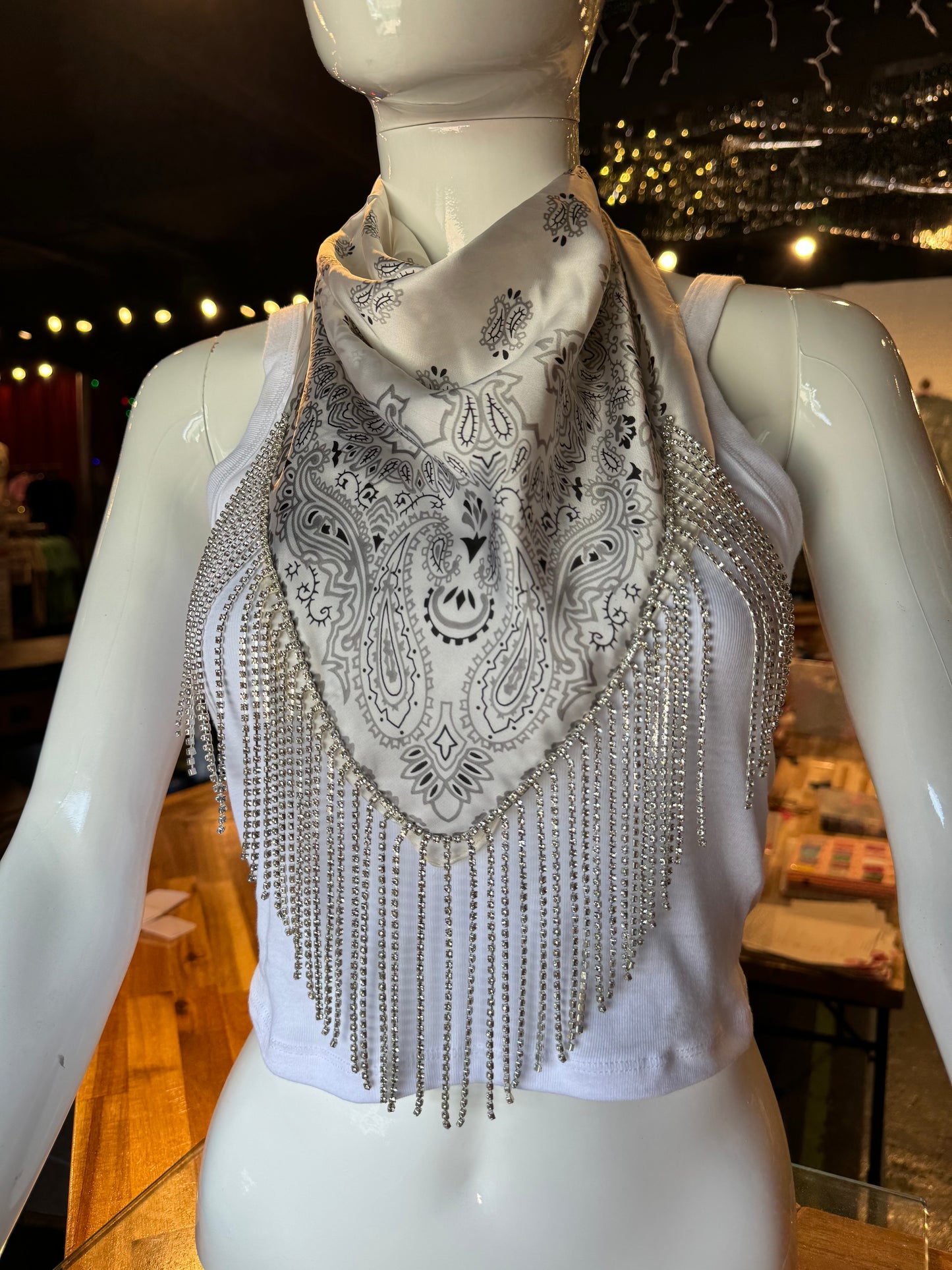 Silk Bandana with Rhinestone Fringe