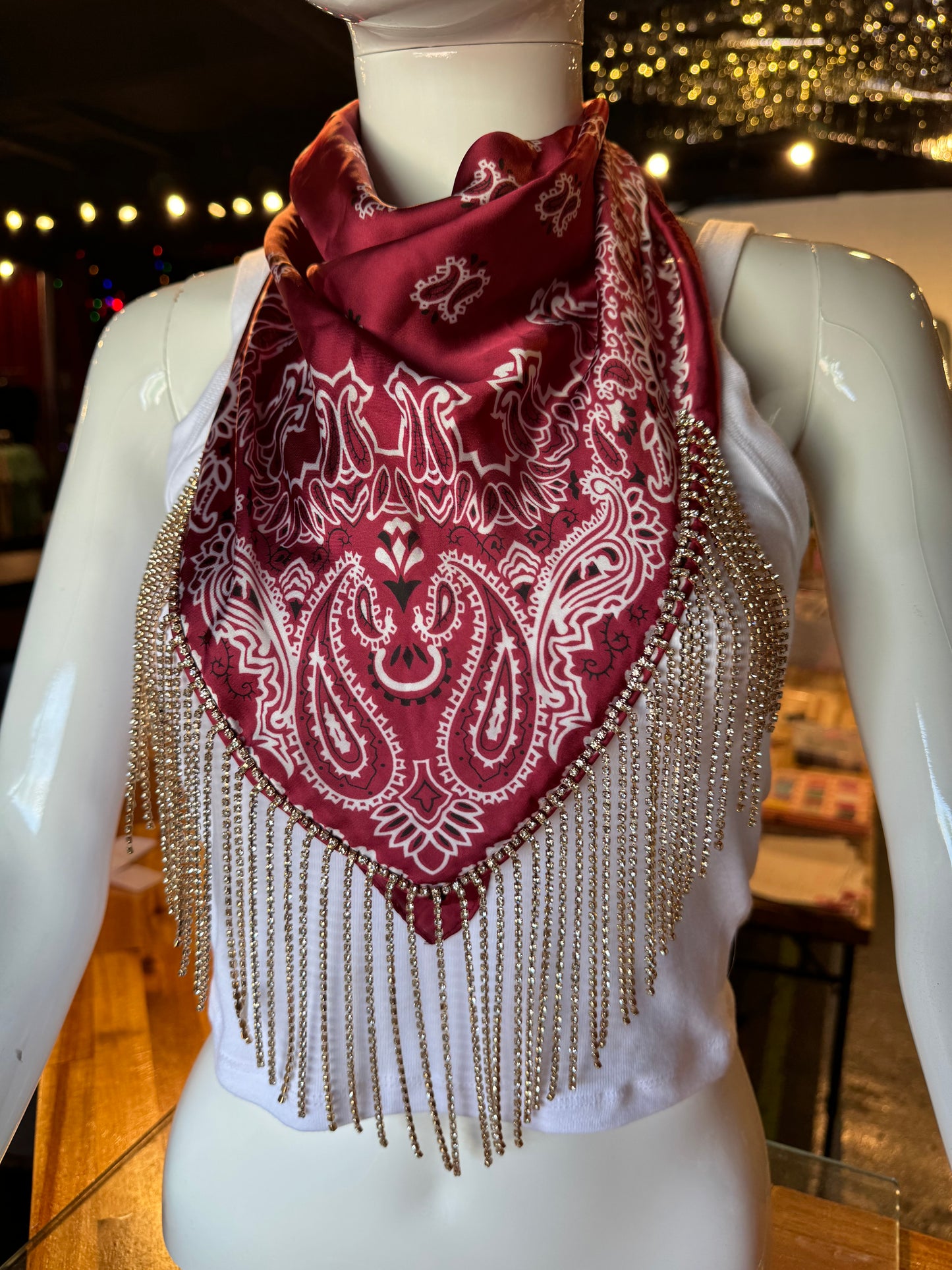 Silk Bandana with Rhinestone Fringe