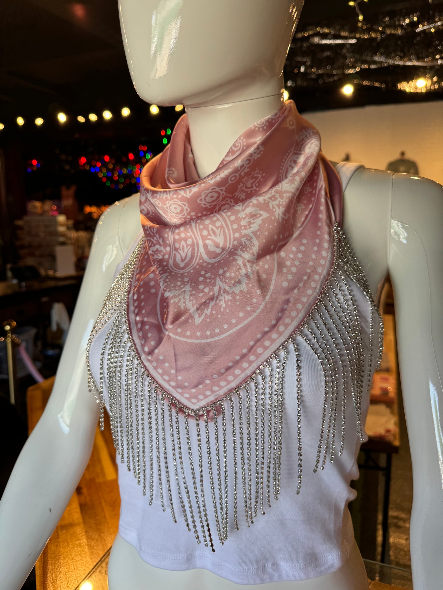 Silk Bandana with Rhinestone Fringe