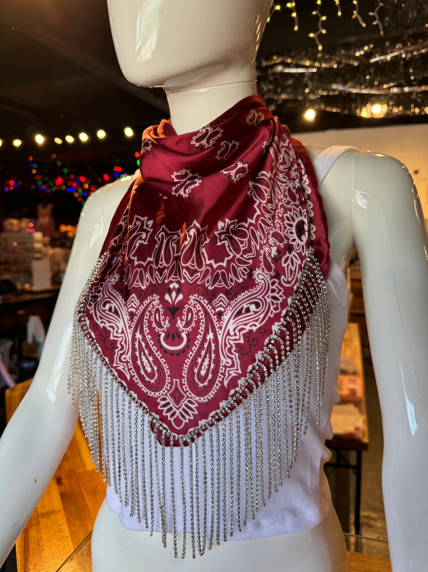 Silk Bandana with Rhinestone Fringe