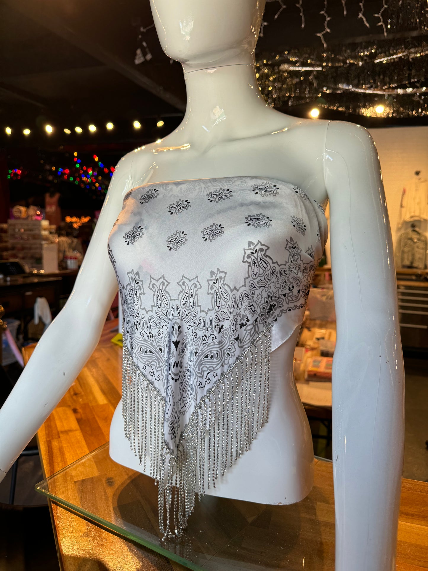 Silk Bandana with Rhinestone Fringe