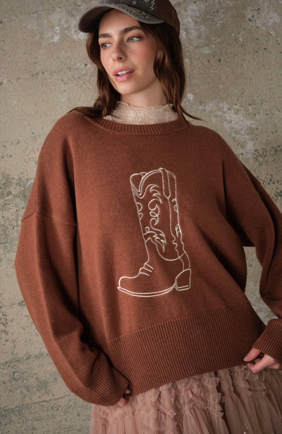 Western Boot Embroidered sweater