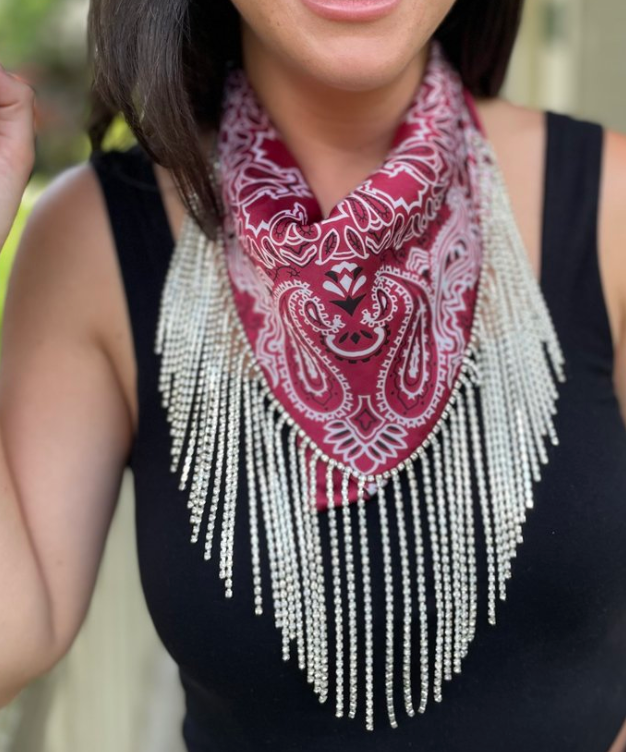 Silk Bandana with Rhinestone Fringe