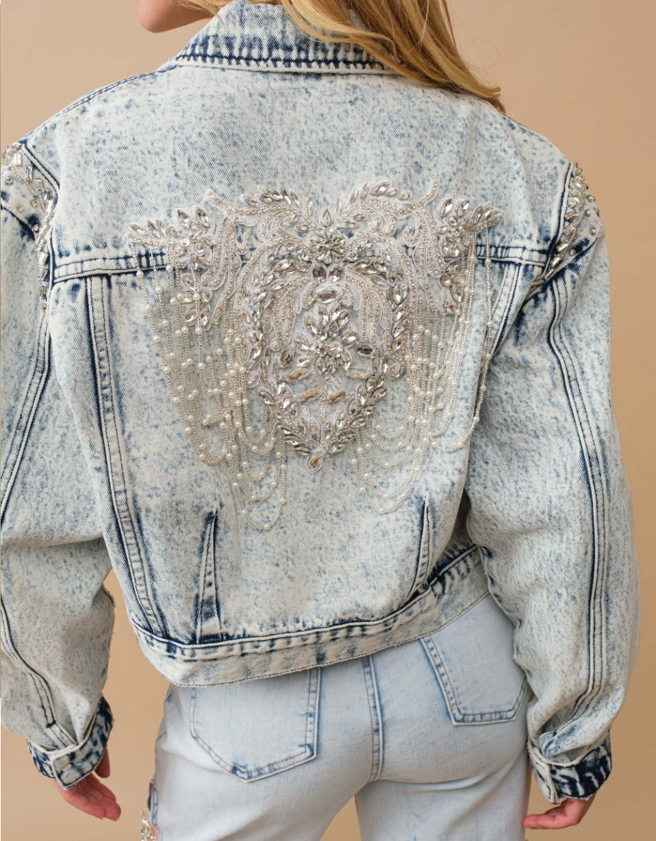 Acid Washed Denim Jacket with Beading