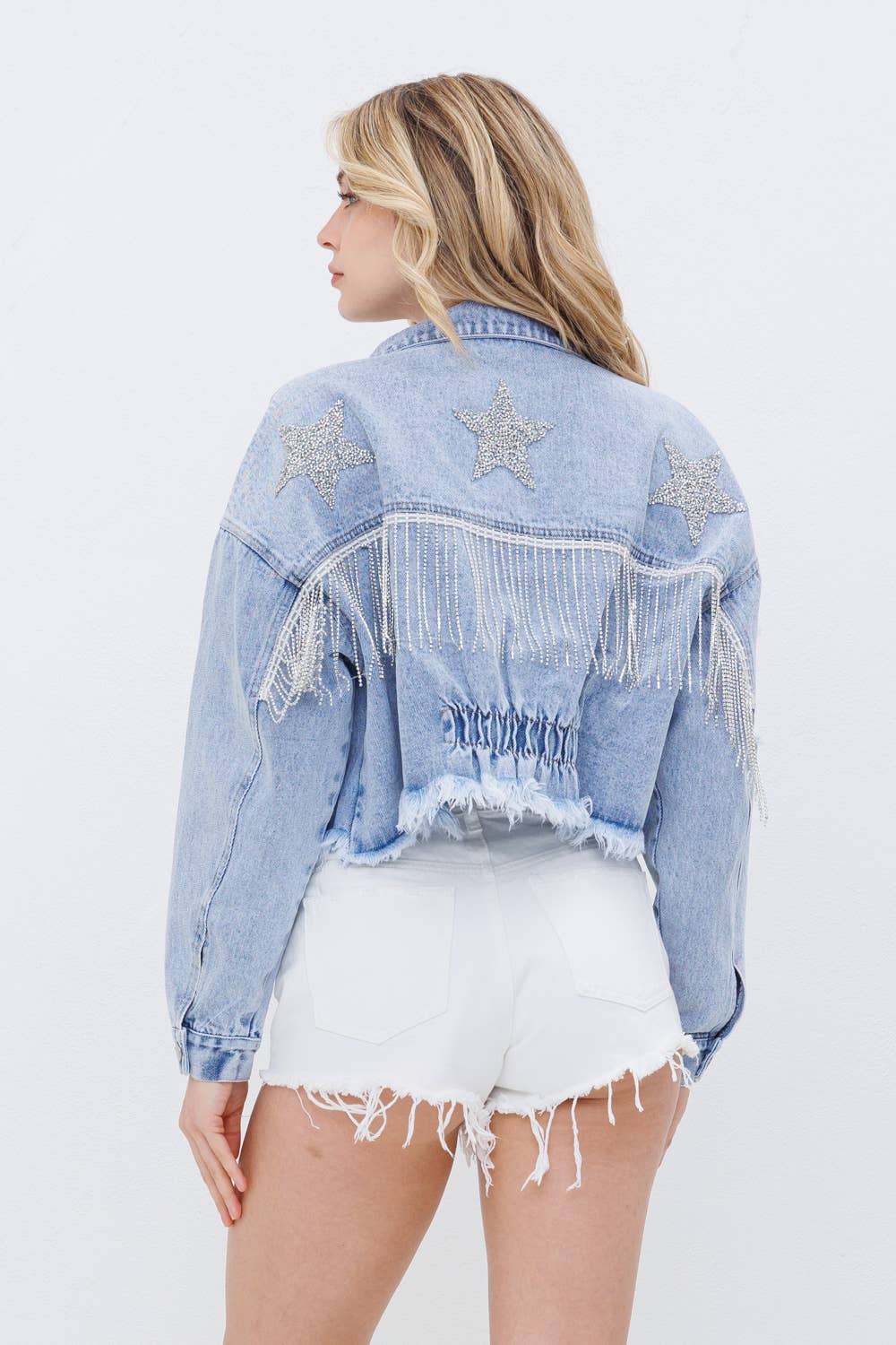 Star Rhinestone Fringe Back Elastic Denim Jacket