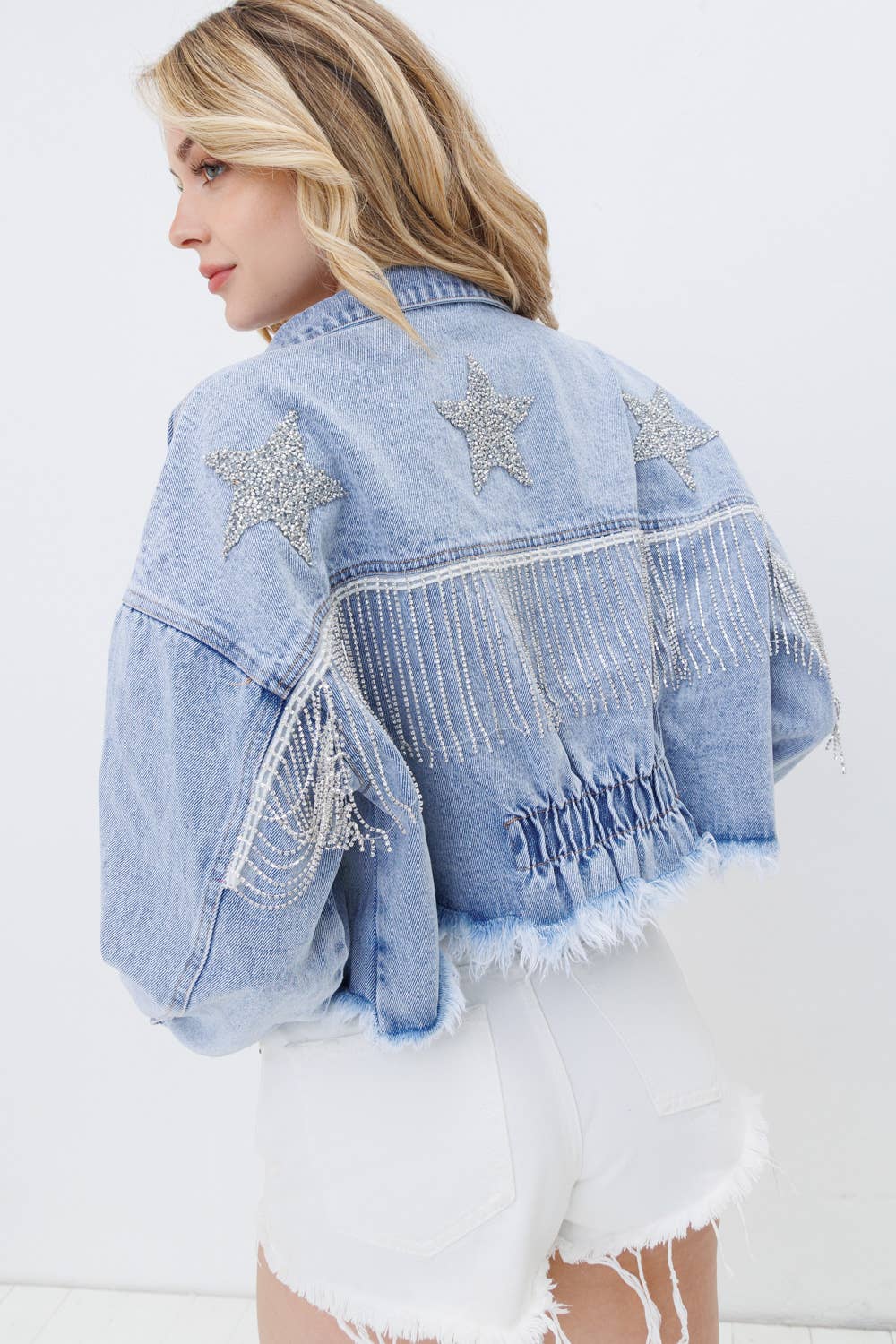 Star Rhinestone Fringe Back Elastic Denim Jacket