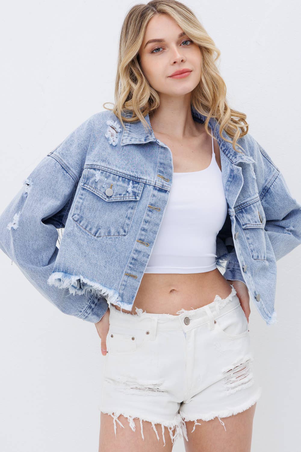 Star Rhinestone Fringe Back Elastic Denim Jacket
