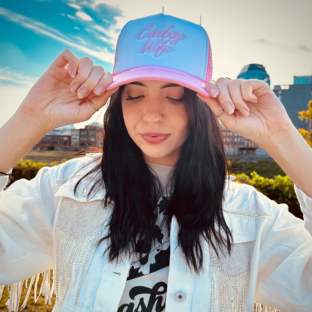 Bachelorette Party Supplies | Cowboy Wife Embroidered Trucker Hat Model
