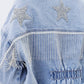 Star Rhinestone Fringe Back Elastic Denim Jacket