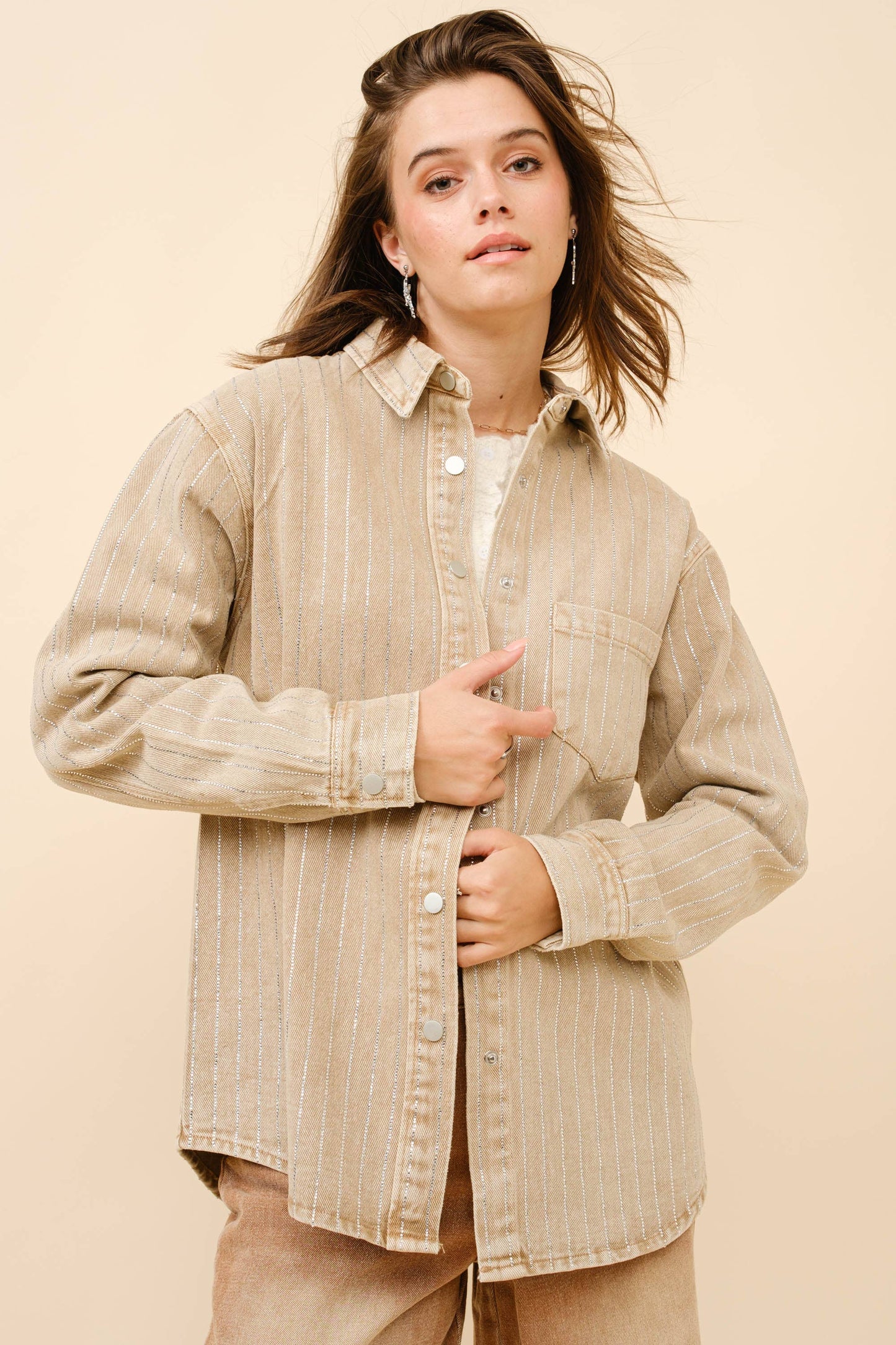 Embellished Sparkle Stone Stripe Shacket