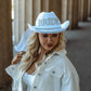 White Bride with Veil Cowgirl Hat