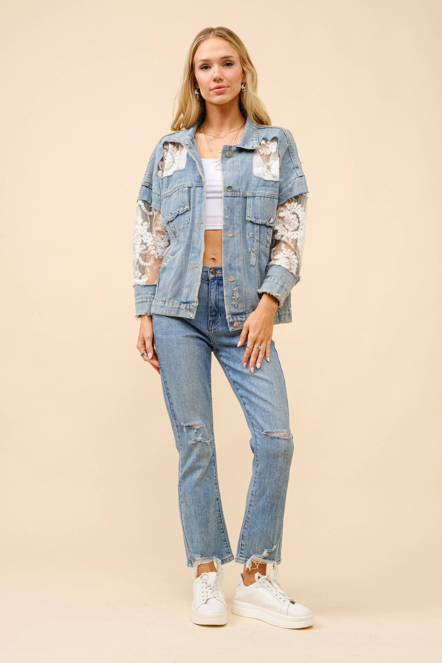 Denim Jacket with Lace Inset Raw Detail Oversized