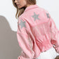Star Rhinestone Fringe Back Elastic Denim Jacket