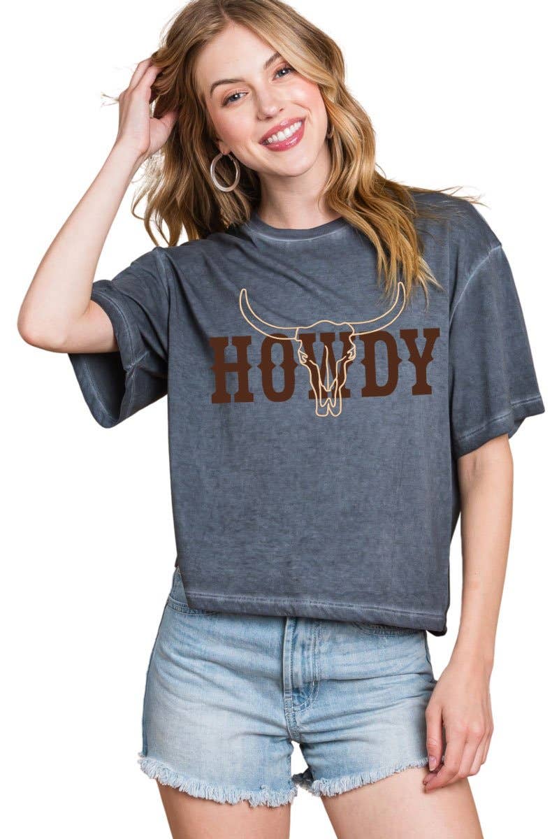 PUFF' Cow Skull Howdy Graphic Faux Crop