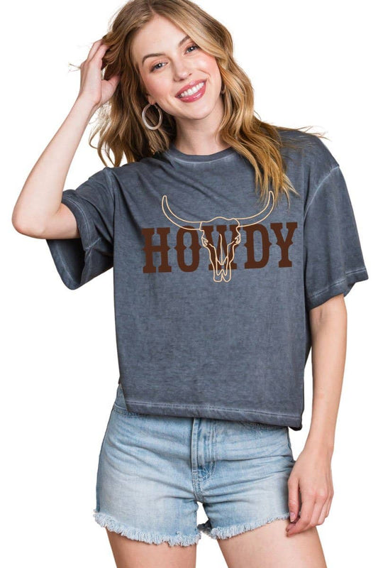 PUFF' Cow Skull Howdy Graphic Faux Crop