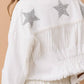 Star Rhinestone Fringe Back Elastic Denim Jacket