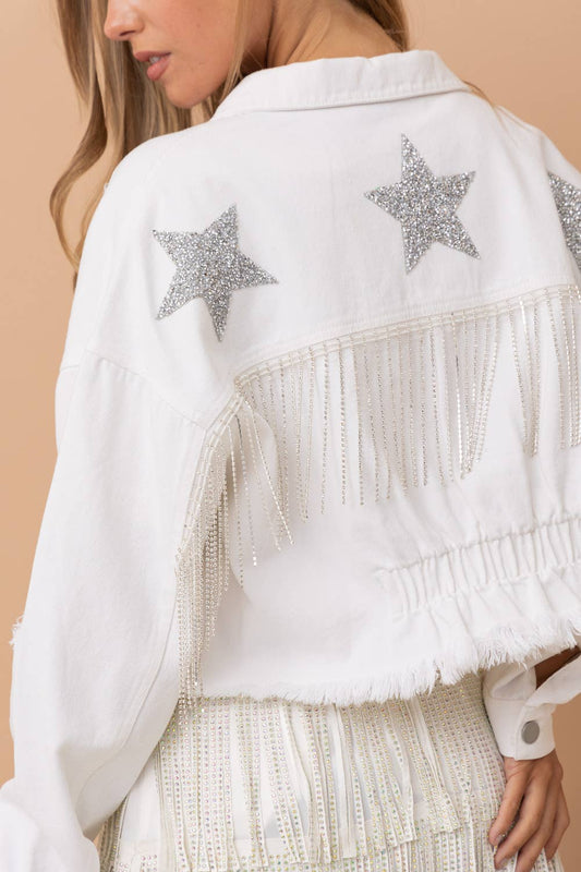 Star Rhinestone Fringe Back Elastic Denim Jacket