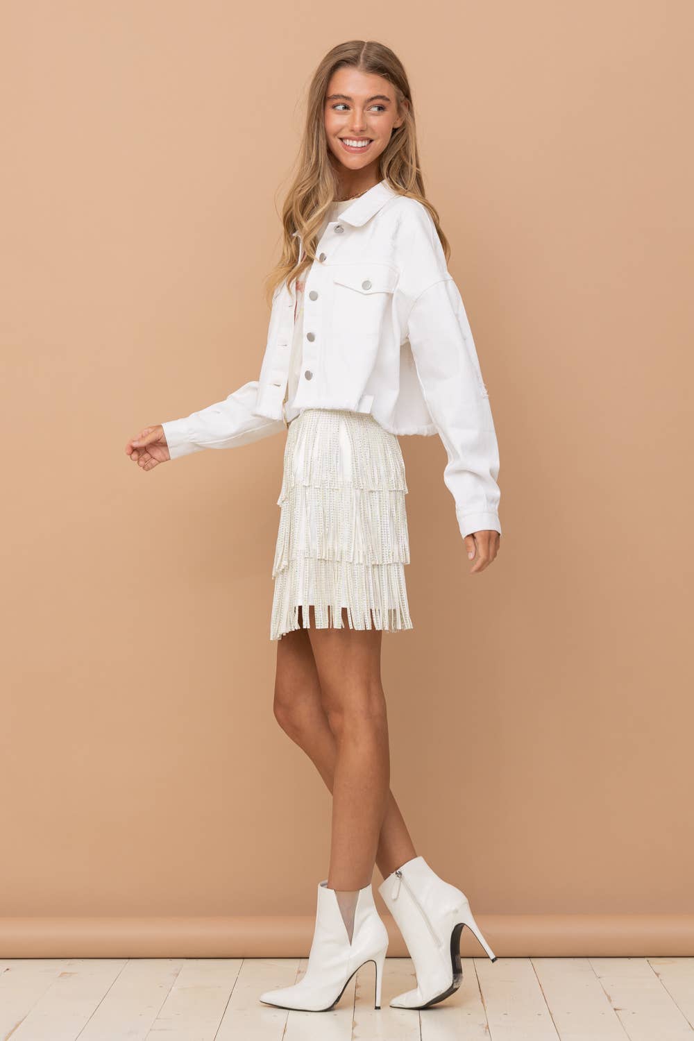 Star Rhinestone Fringe Back Elastic Denim Jacket