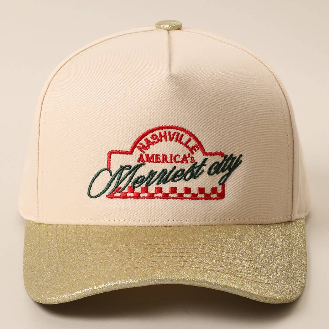Nashville Merriest City Embroidered Glitter Brim Trucker Hat