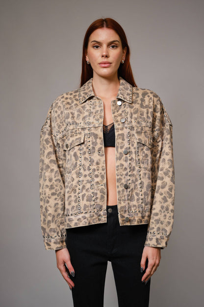Studded Leopard Denim Jacket