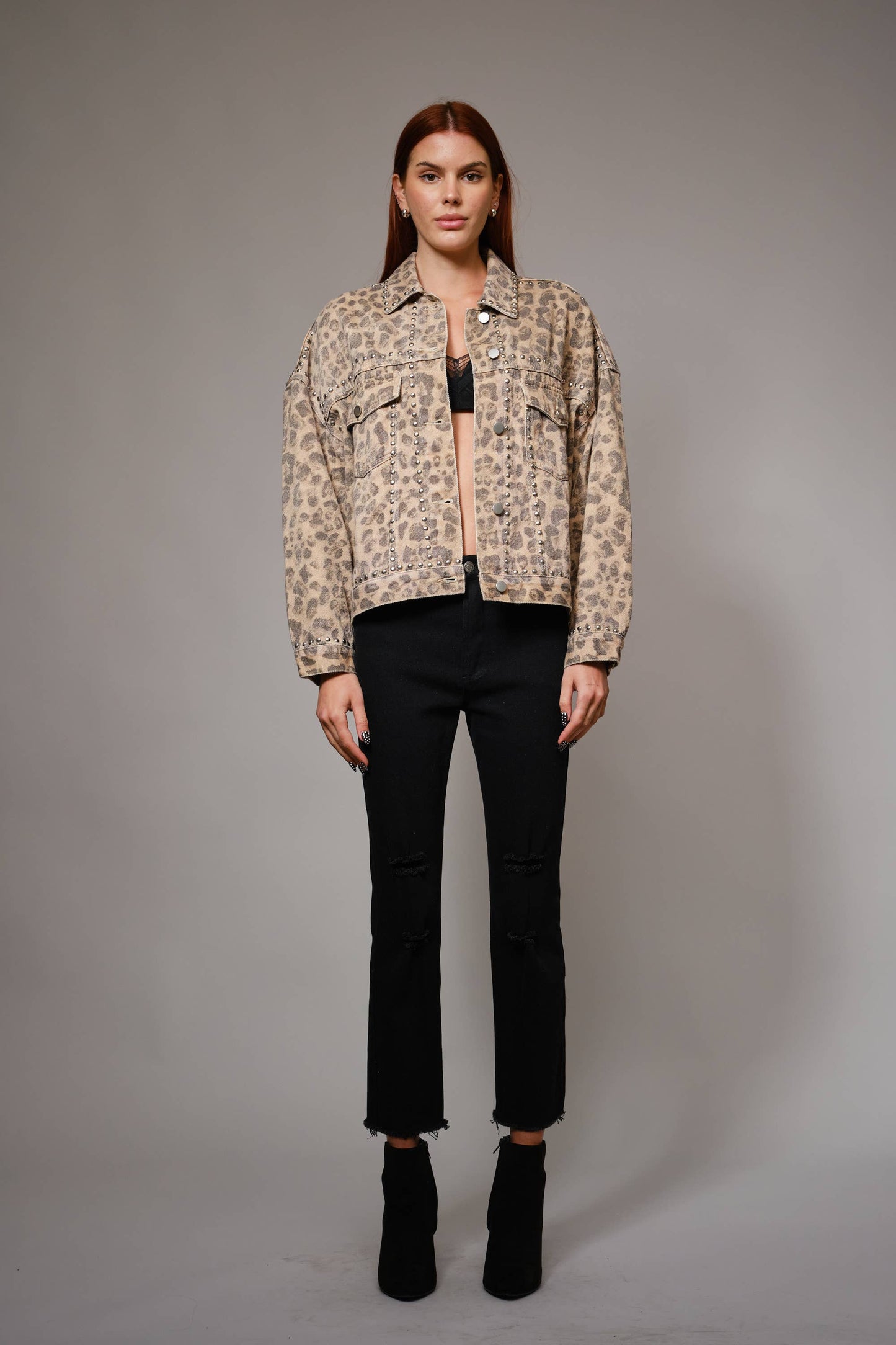 Studded Leopard Denim Jacket
