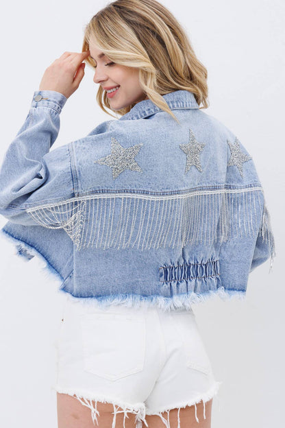 Star Rhinestone Fringe Back Elastic Denim Jacket