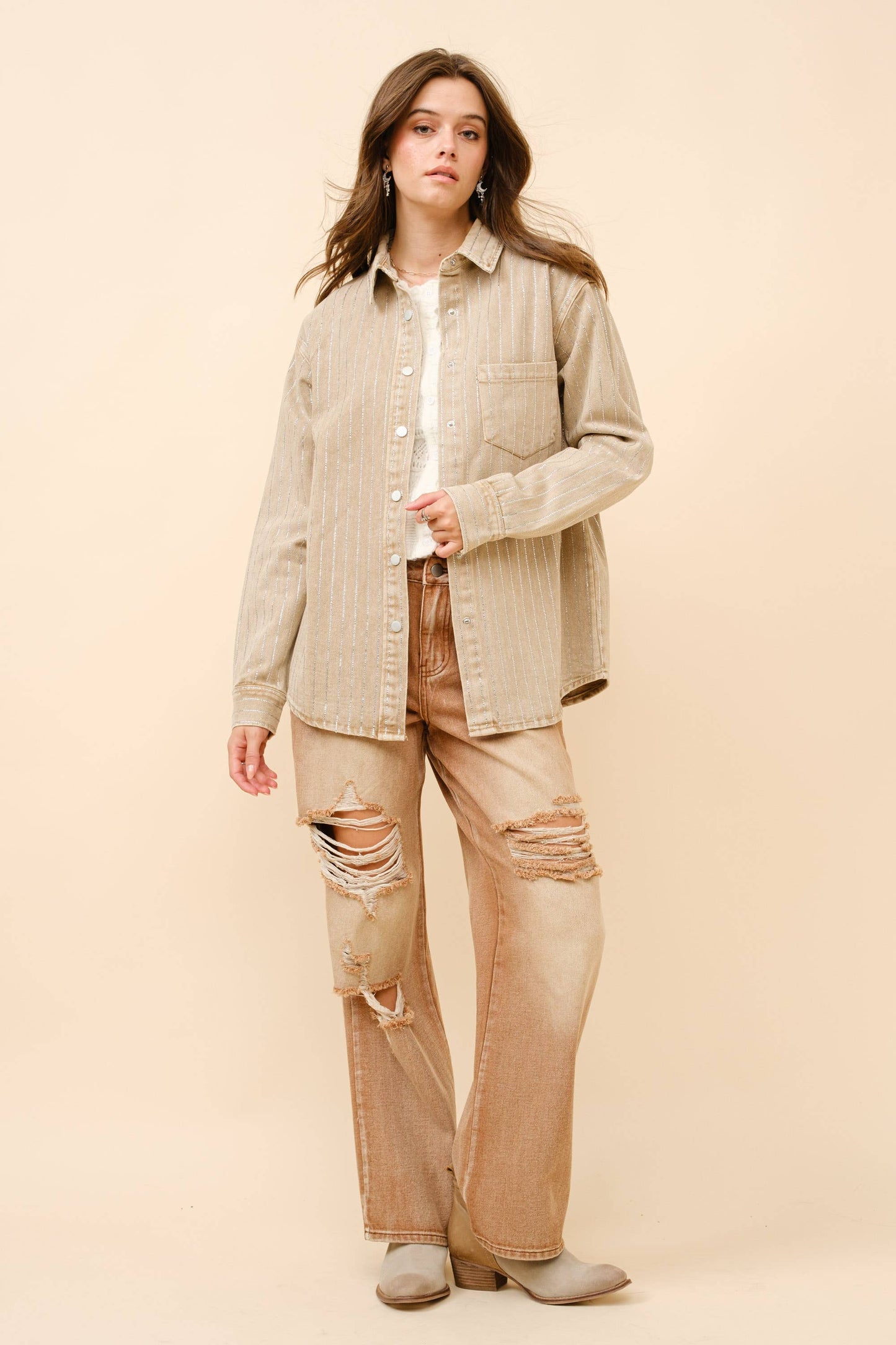 Embellished Sparkle Stone Stripe Shacket