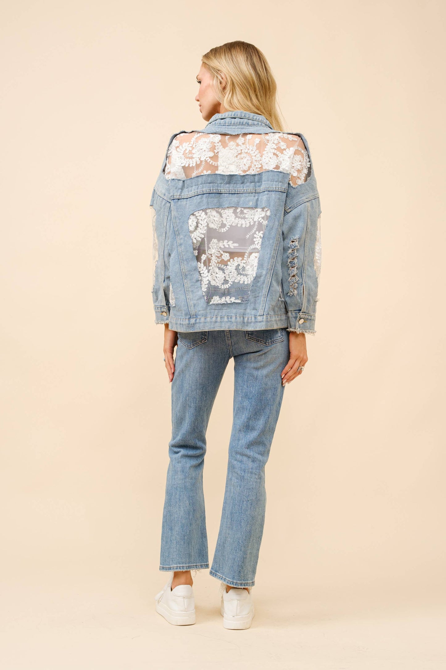 Denim Jacket with Lace Inset Raw Detail Oversized