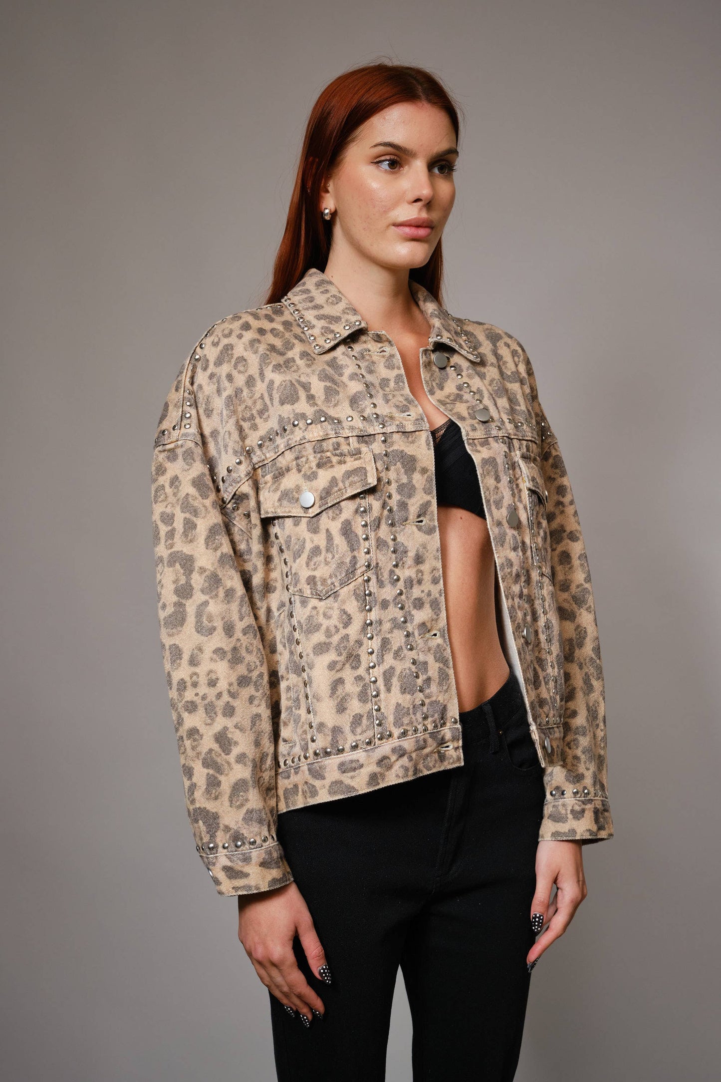 Studded Leopard Denim Jacket