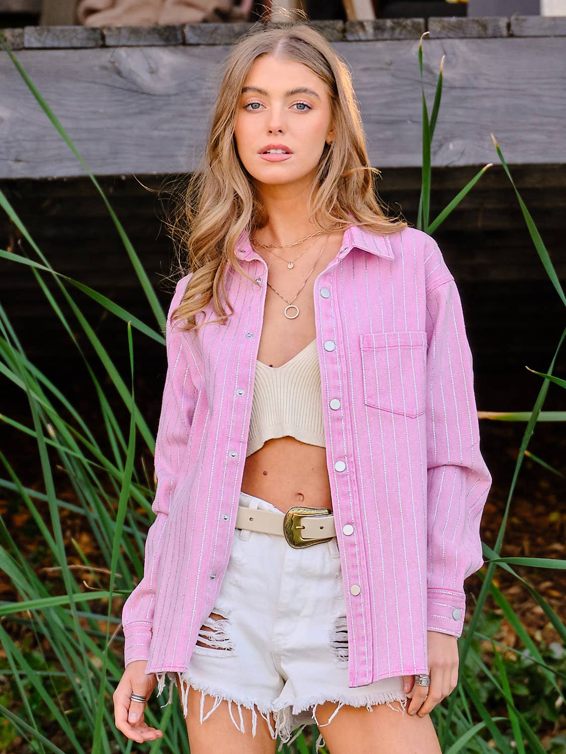 Embellished Sparkle Stone Stripe Shacket