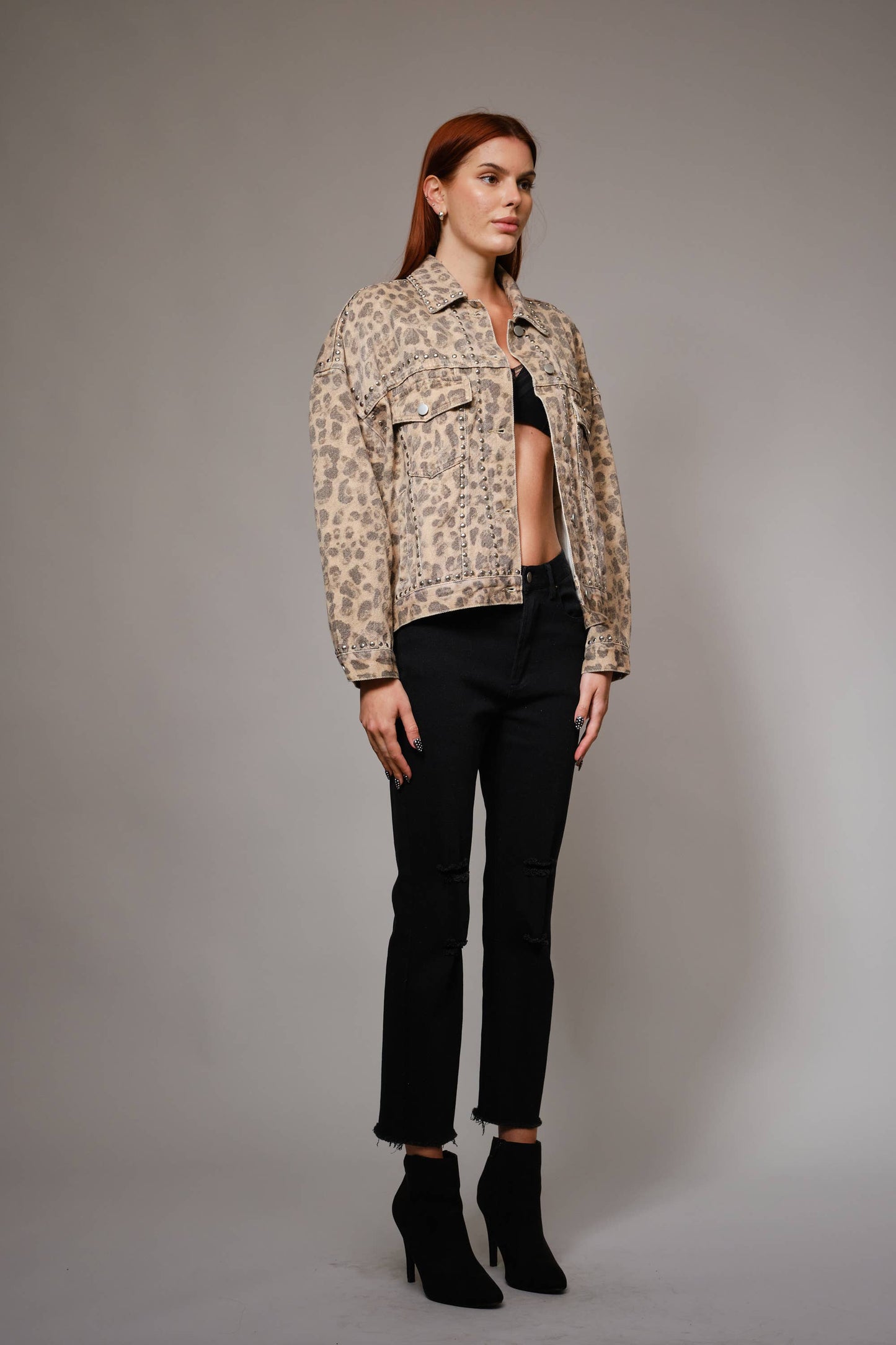 Studded Leopard Denim Jacket