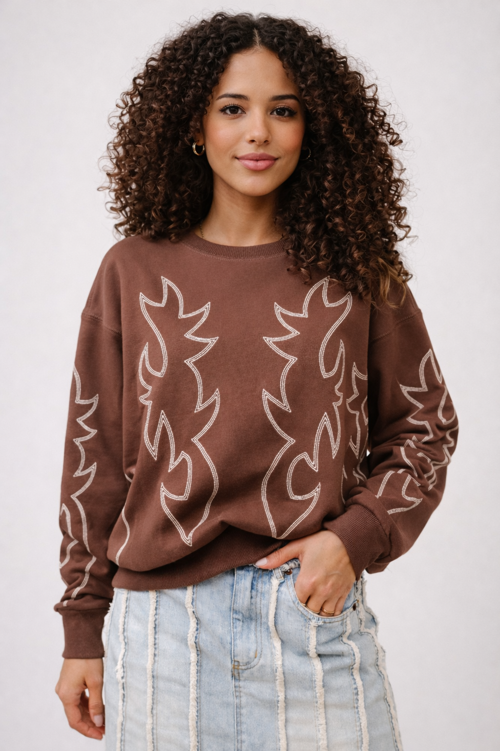 Western Boots stitched Embroidered Pullover Sweatshirt