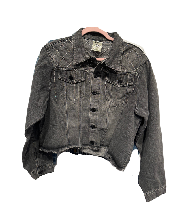 Denim cropped Jacket with Dangle Rhinestone