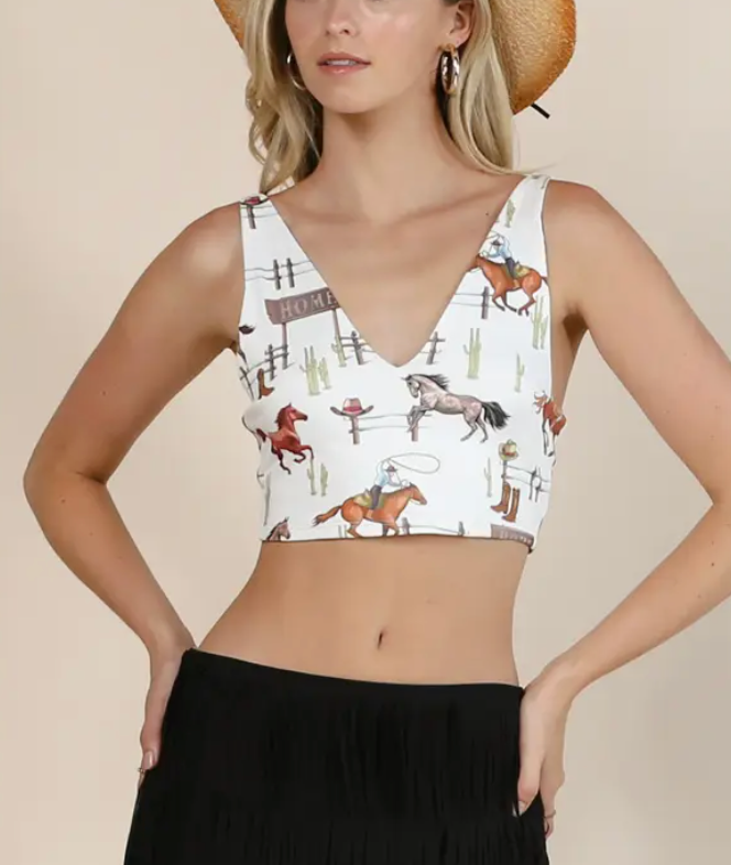 Western Rodeo Print Crop V Neck Tank Top