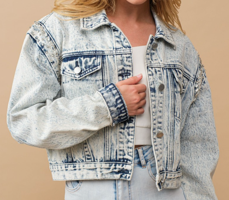 Acid Washed Denim Jacket with Beading
