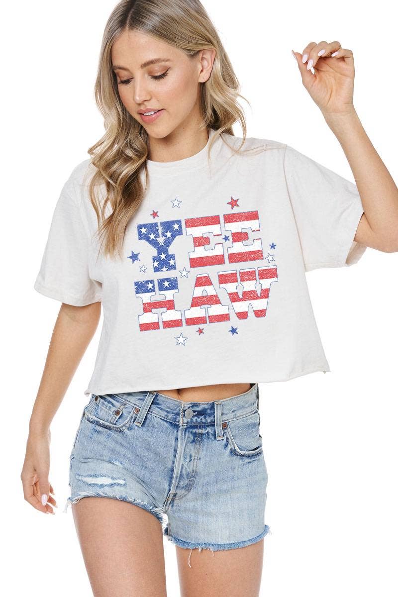 Yee Haw Americana Graphic S/S Faux Cropped Tee: ANTIQUE WHITE / L