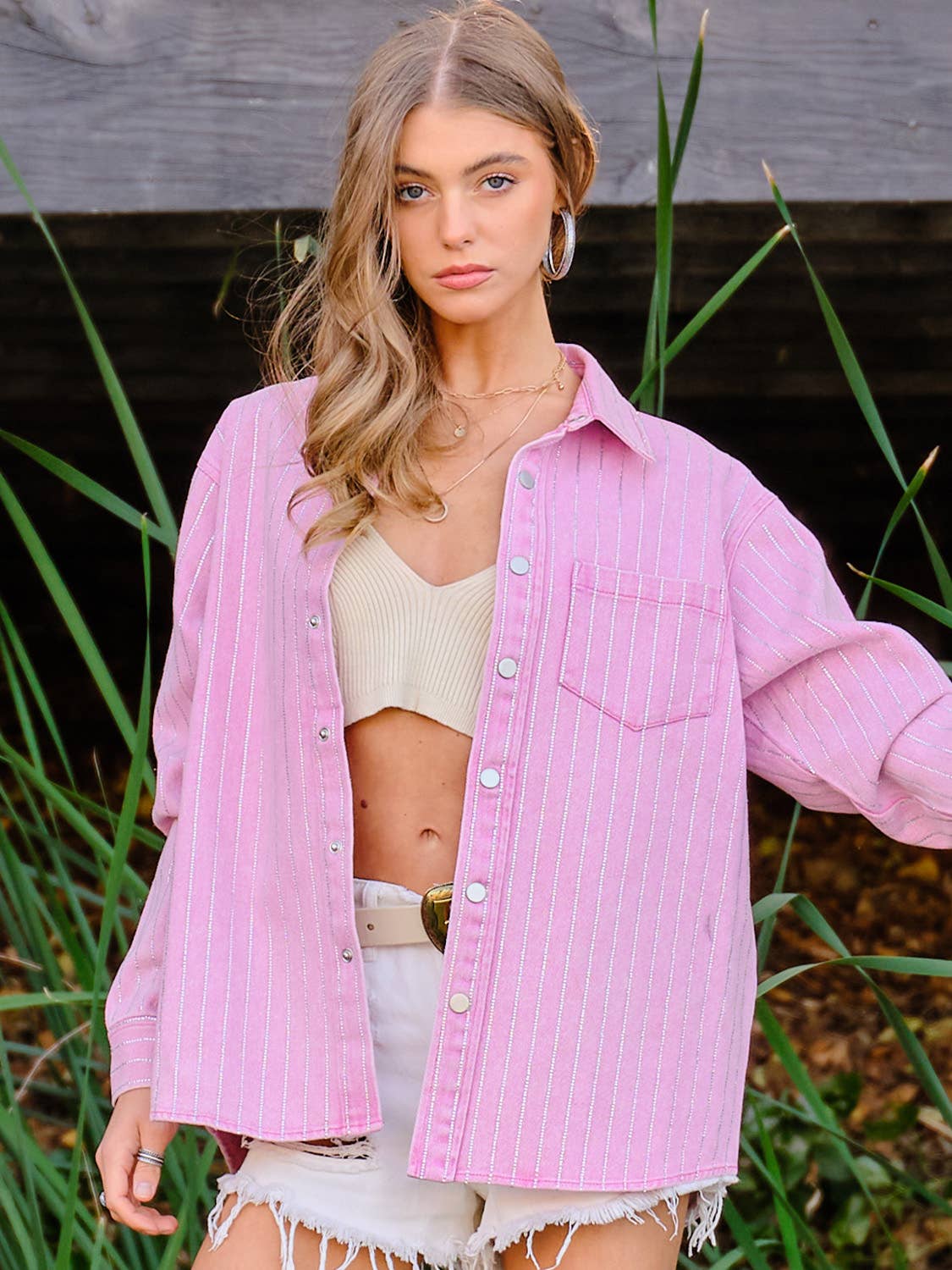 Embellished Sparkle Stone Stripe Shacket
